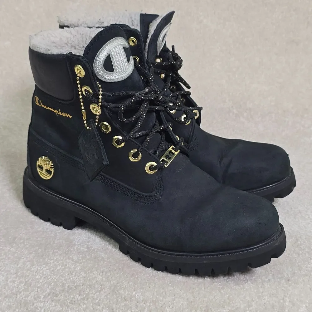 Timberland xChampion Collab Boots Black Gold 6” Shearling Streetwear 8M